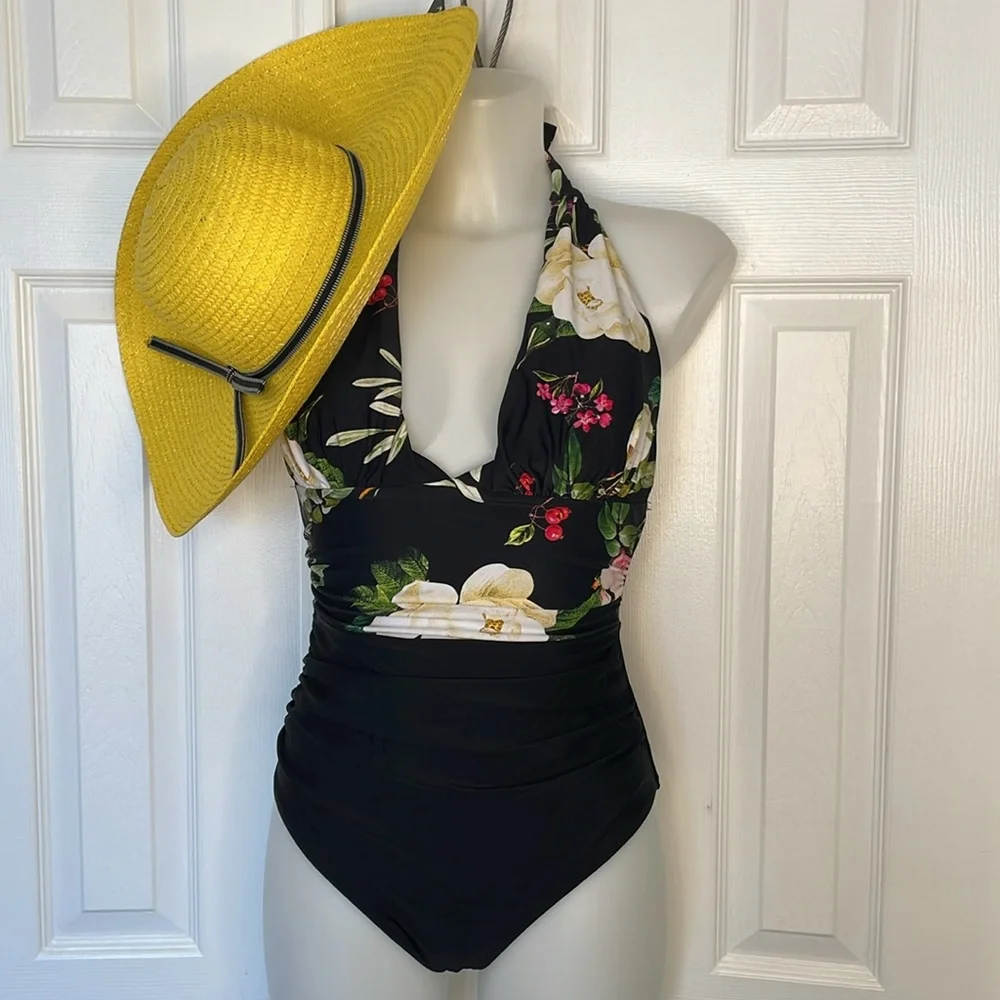 CUPSHE MULTI COLOR FLORAL HALTER PLUNGE ONE PIECE TUMMY CONTROL SWIMSUIT SIZE S